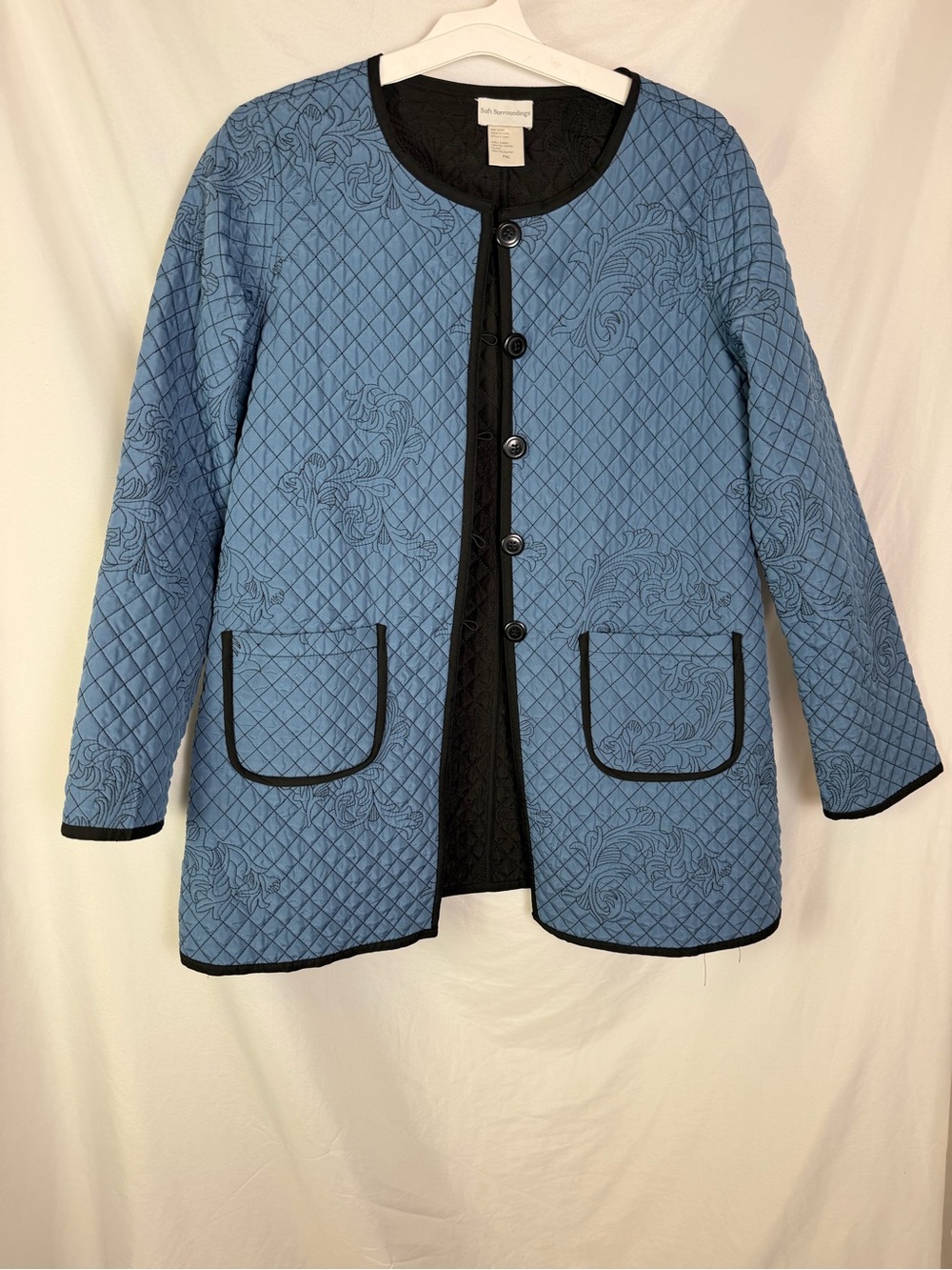 Soft Surroundings Quilted Blue Button-Front Puffer Jacket with Black Trim - Picture 4 of 7
